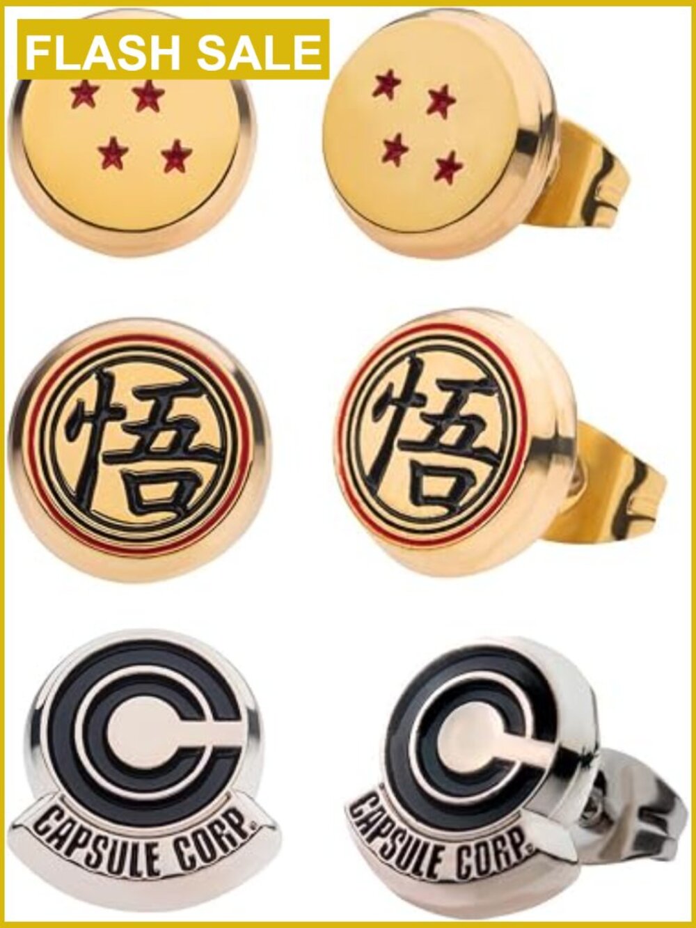 Dragon Ball Z Symbols 3-Pair Stud Earrings Set - Stainless Steel